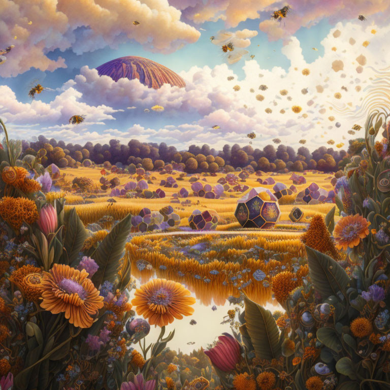 Surreal landscape with volcano, golden flowers, reflective river, bees, and hexagonal cloud patterns