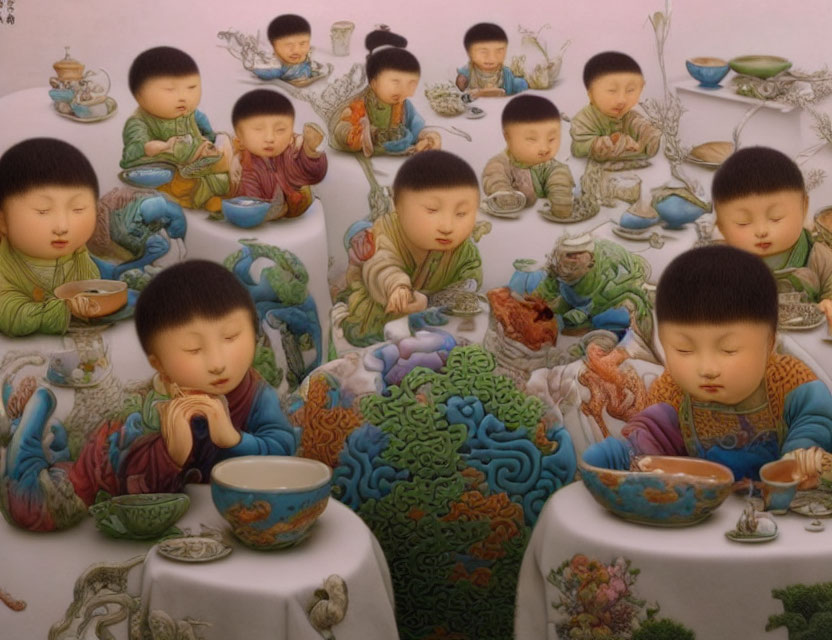 Surreal illustration: Asian children in traditional attire with colorful bowls in dreamlike setting