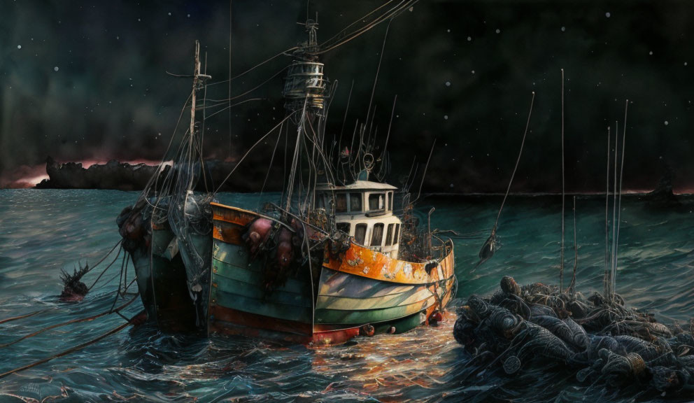 Vintage fishing boat at sea with nets, seabirds, starry sky, and dark coastline