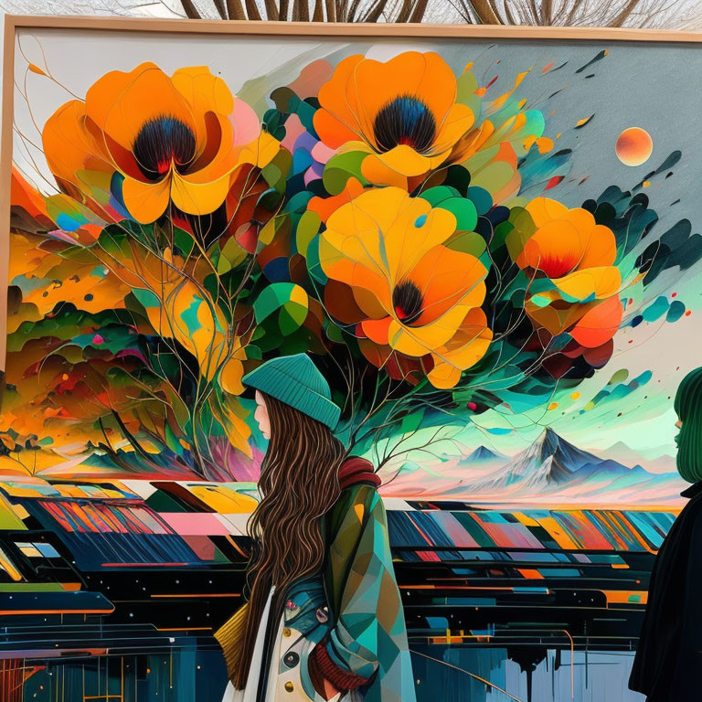 Long-haired person in front of vibrant mural with orange flowers and mountain landscape