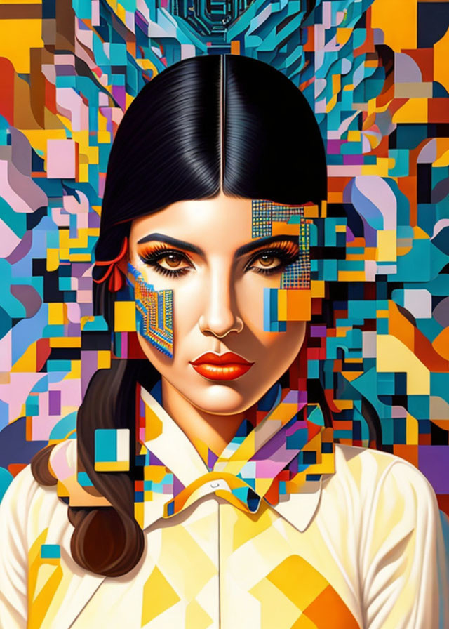 Vibrant geometric patterns adorn woman in colorful digital portrait