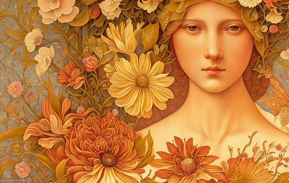 Detailed Artwork: Serene Woman's Face with Floral Wreath in Warm Tones