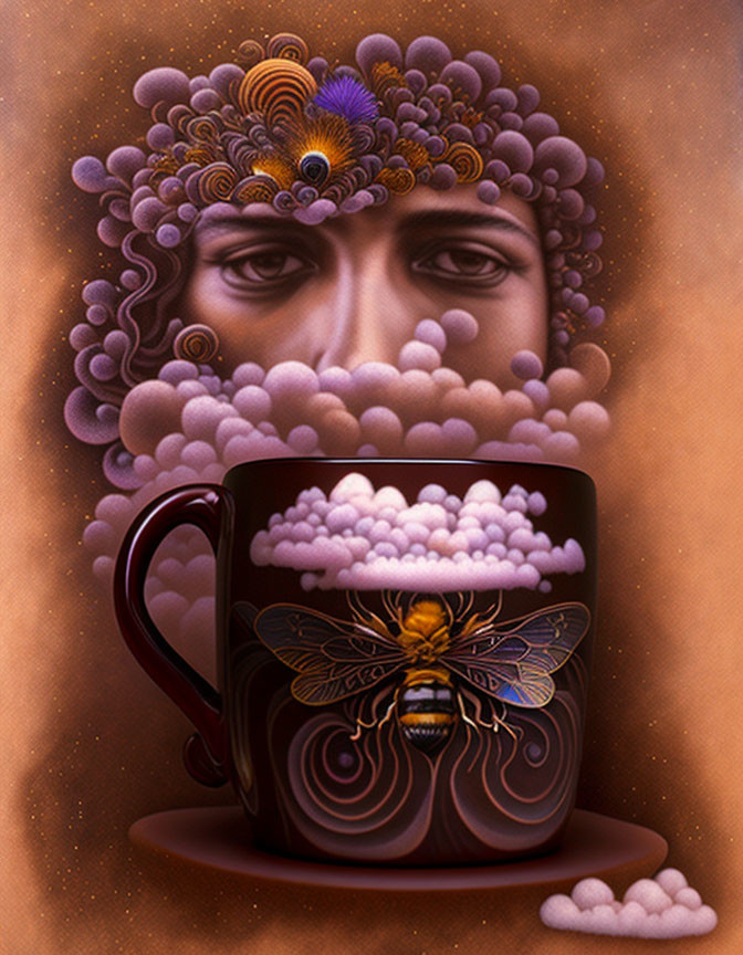 Surreal face merging into clouds above mug with bee design in warm-toned artwork