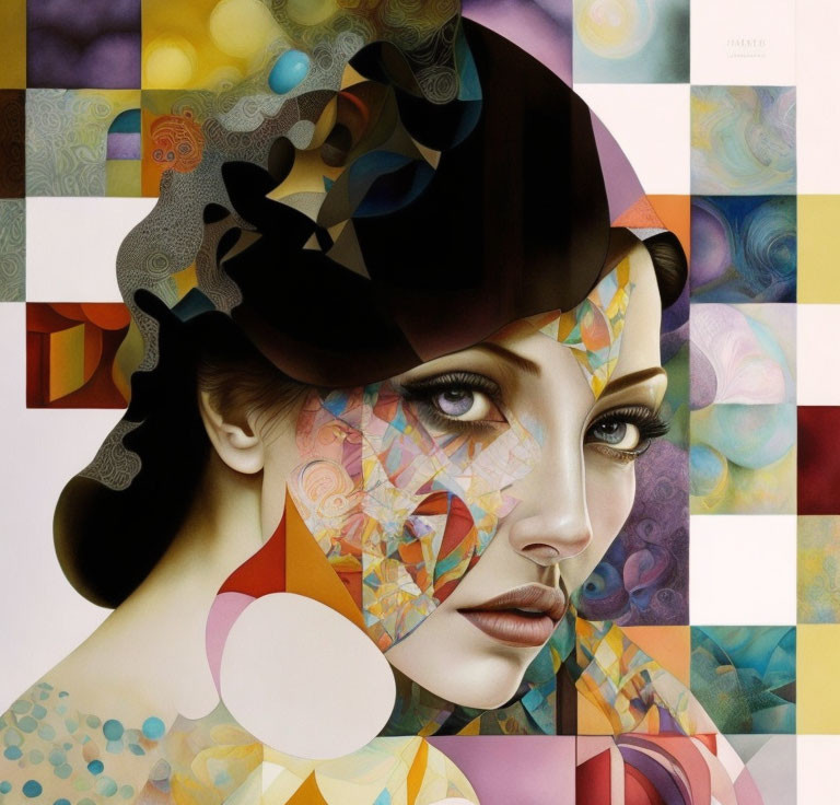 Vibrant mosaic patterns blend into woman's surreal portrait