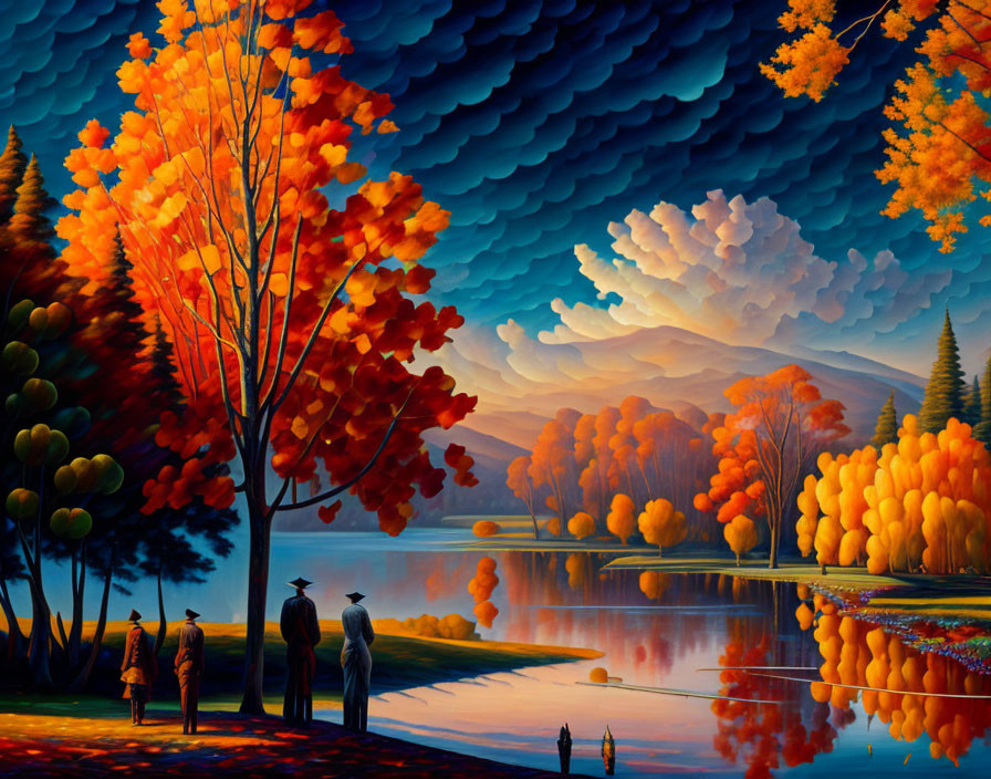 Colorful Autumn Foliage Surrounding Serene Lake at Sunset