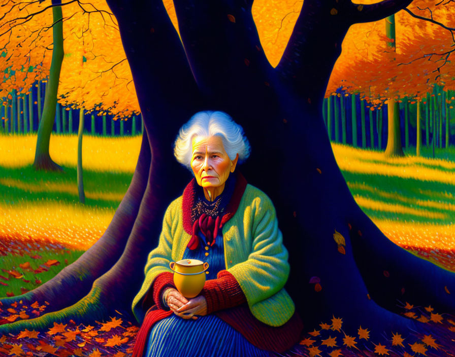 Elderly woman with white hair sitting by large tree in autumn forest with yellow mug