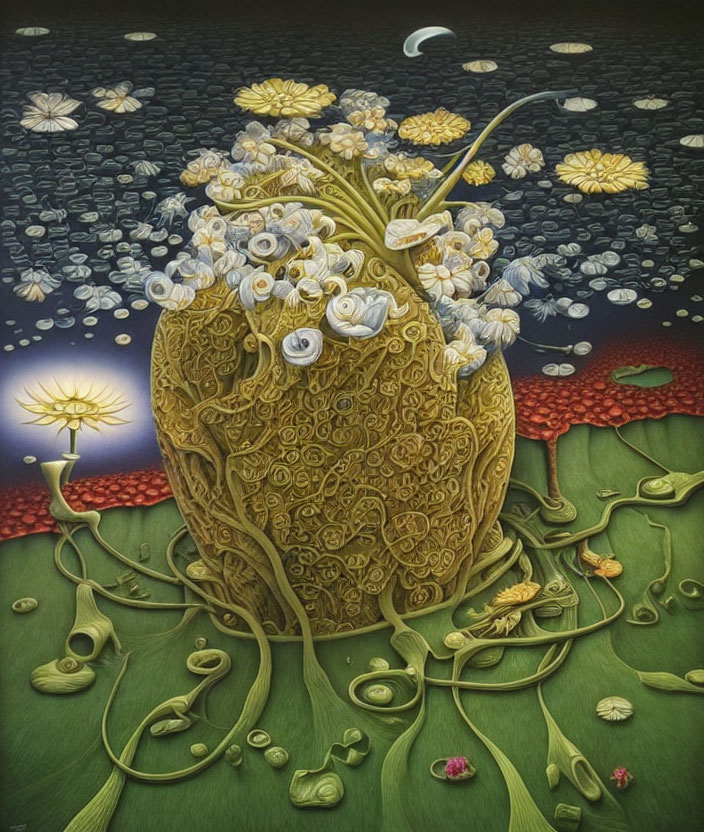 Surreal painting of pear-shaped vase with flowers and intricate patterns on night background.