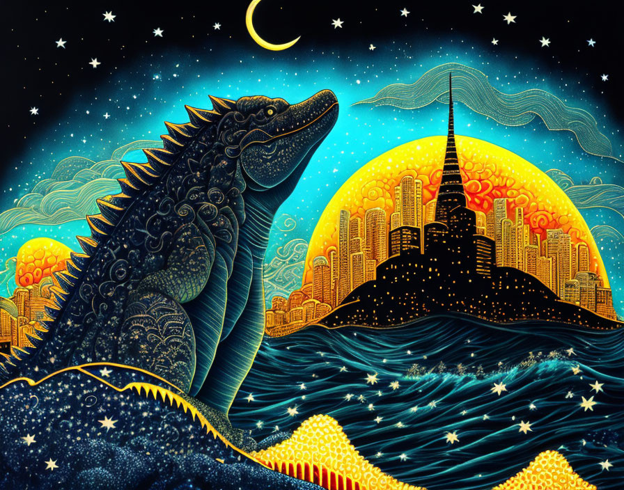 Colorful Godzilla by the Sea with Golden Moonrise and Futuristic Cityscape