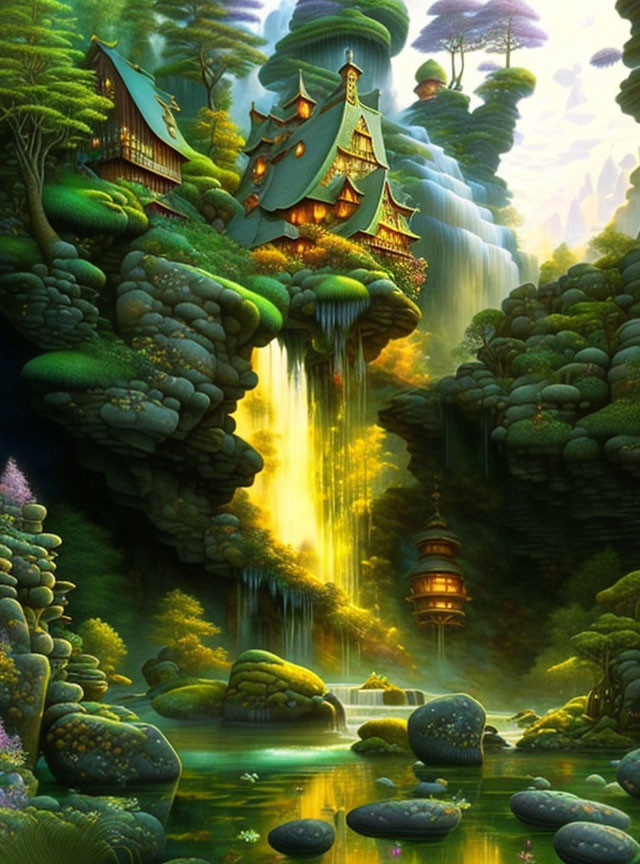 Scenic fantasy landscape with waterfalls, greenery, pagoda buildings, and misty backdrop