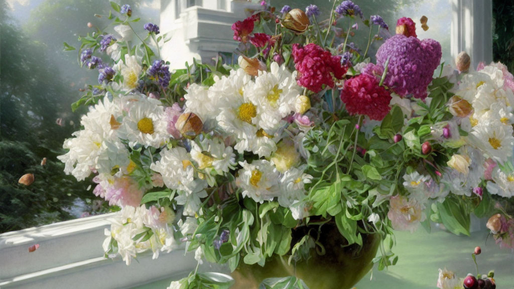 Colorful Flower Bouquet in Vase by Window Greenery