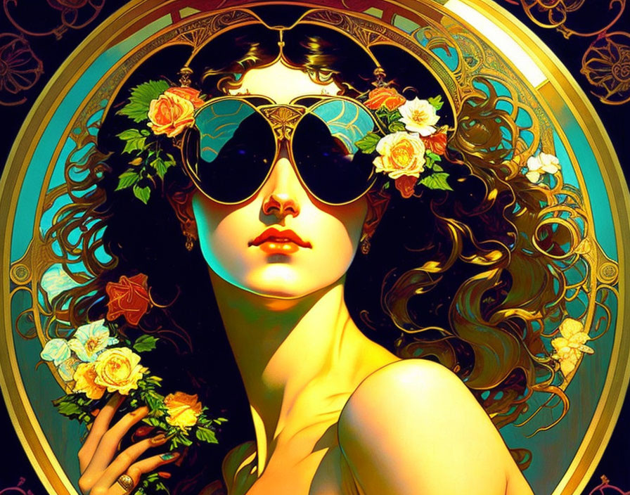 Stylized portrait of a woman with flowing hair and round sunglasses in ornate circular frame