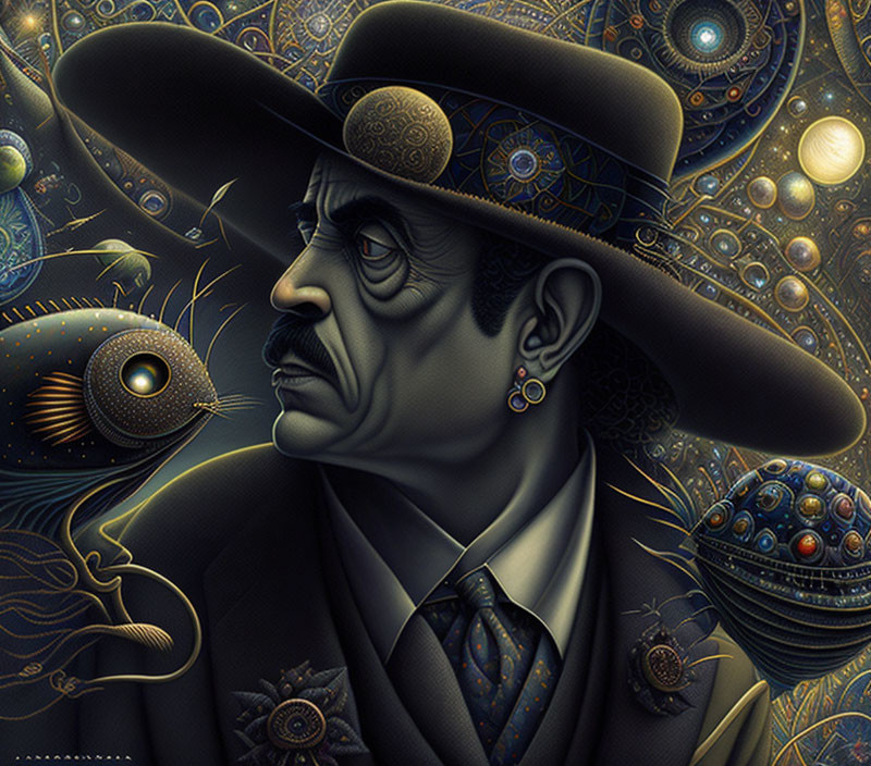 Exaggerated surreal portrait with cosmic background and accessories.