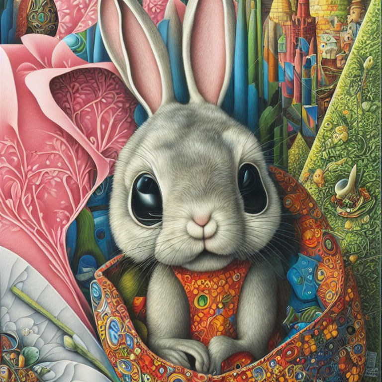 Detailed painting of realistic rabbit peeking from colorful blanket