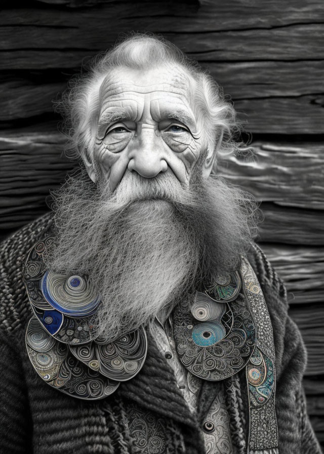 Elderly man with long white beard in detailed cloak poses against wooden backdrop