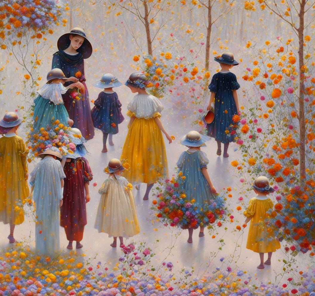 Figures in Vintage Attire Explore Vibrant Floral Landscape