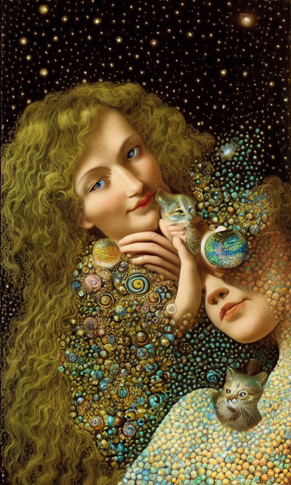 Surrealist artwork with figures, cats, orbs, and stars