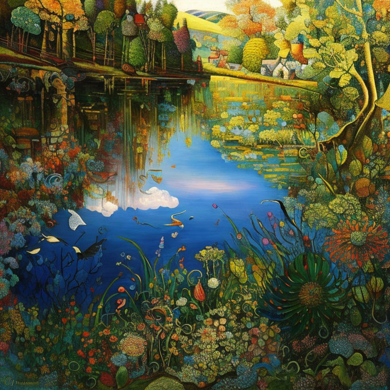 Colorful landscape painting with pond, trees, flowers, and swans blending fantasy and nature.