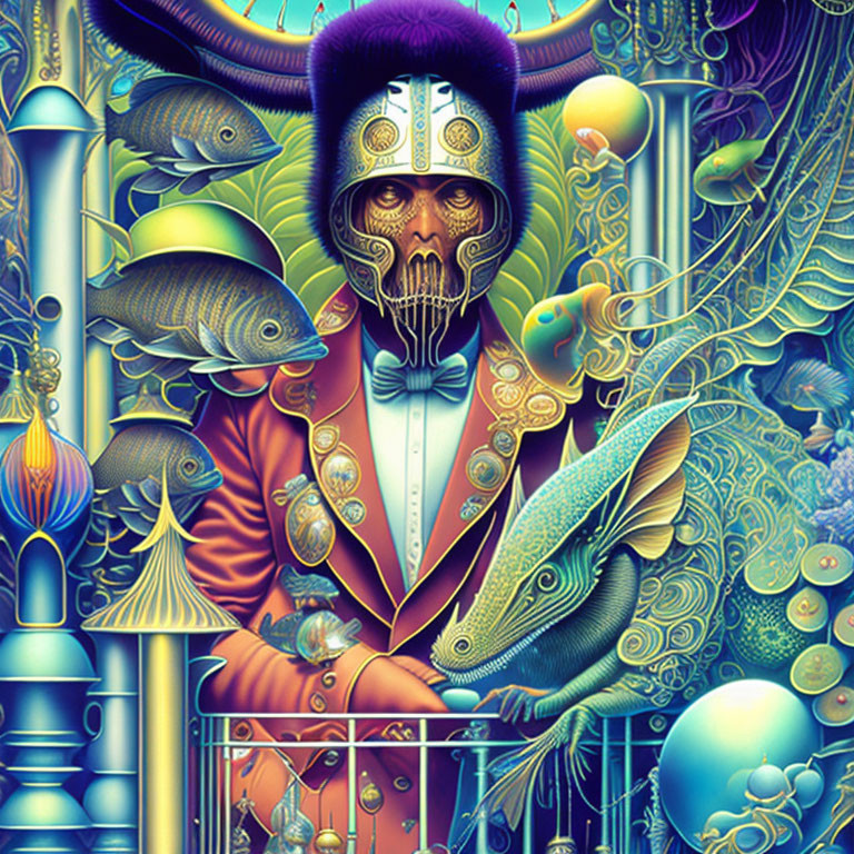 Colorful psychedelic artwork: person with skull face and bishop's hat among fish and undersea elements