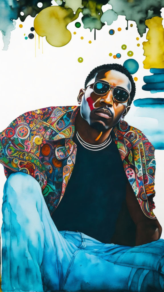 Colorful portrait of man in sunglasses and vibrant jacket with abstract background.