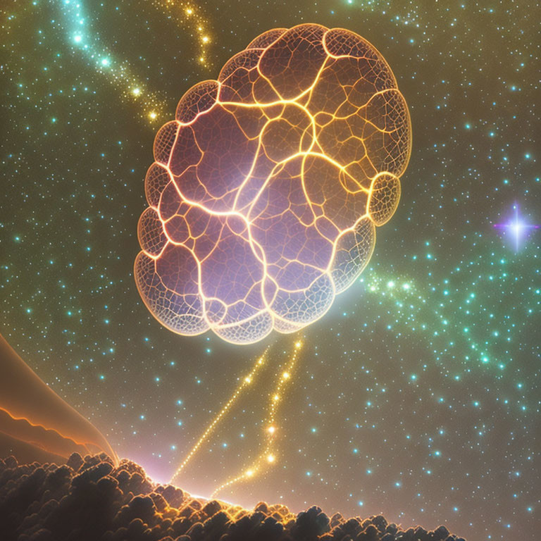 Vivid digital artwork: Glowing brain-shaped nebula in starry space