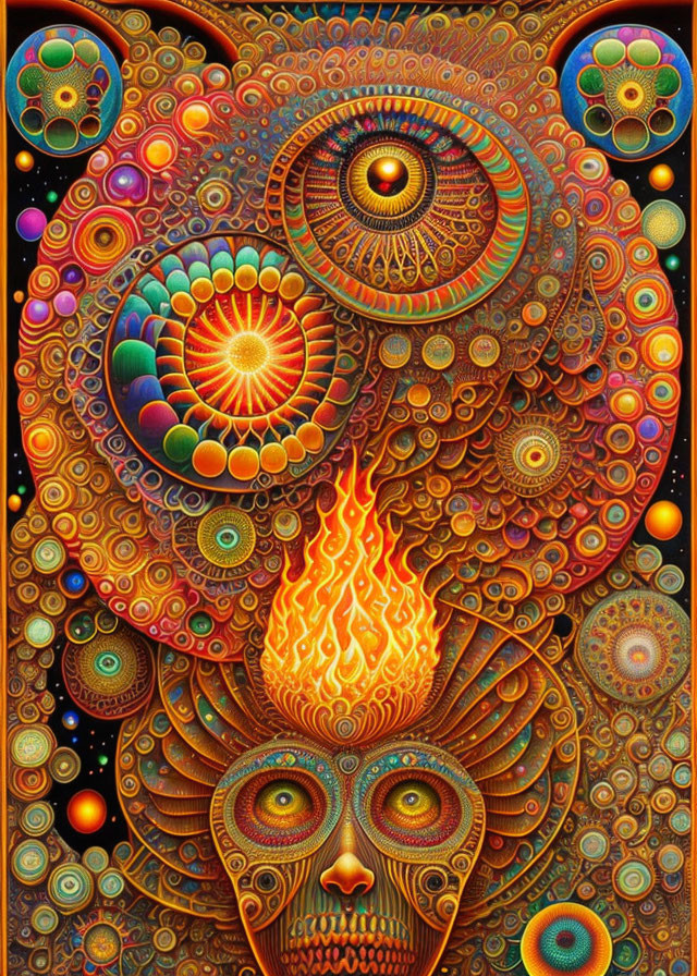 Colorful psychedelic artwork with fiery face and celestial motifs