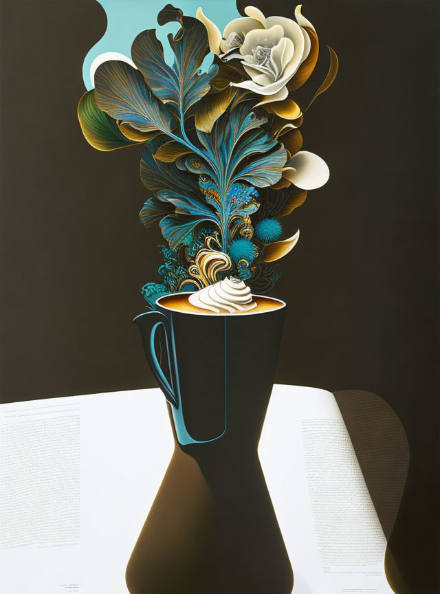 Surrealist artwork: Cup with whipped cream, shadow, bouquet