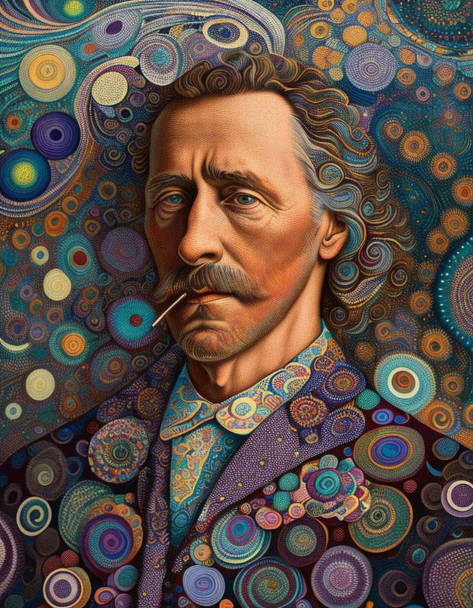 Colorful Psychedelic Swirl Patterns Surrounding Man with Mustache and Toothpick