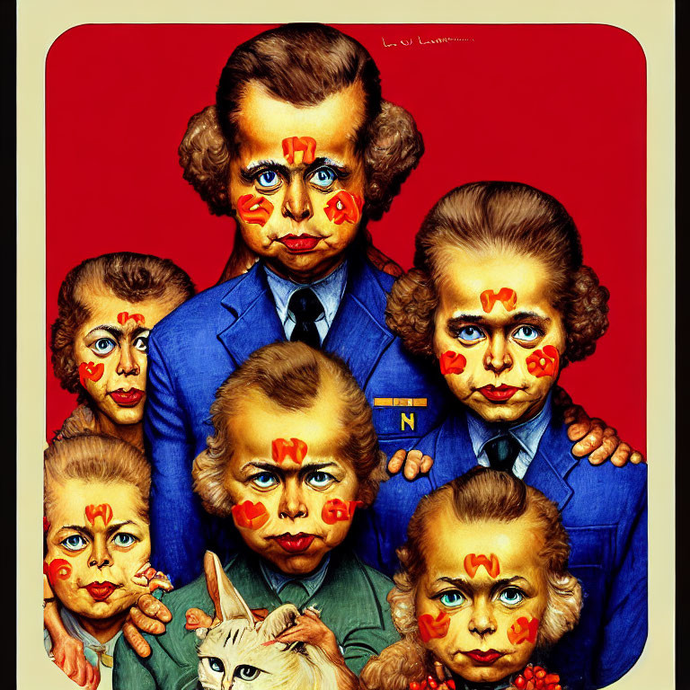 Surreal Family Portrait with Exaggerated Clown Features on Red Background