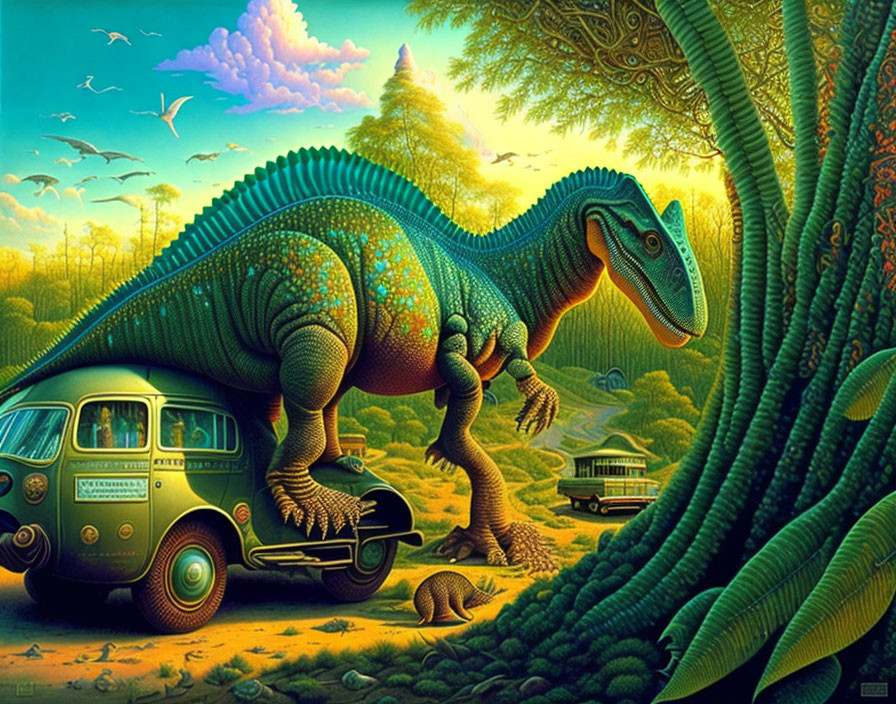 Colorful dinosaur and vintage vehicles in lush landscape