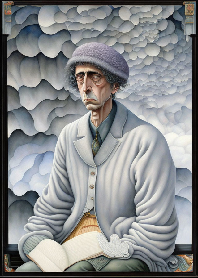 Illustrated portrait of solemn man in beret and coat with book, against cloudy backdrop