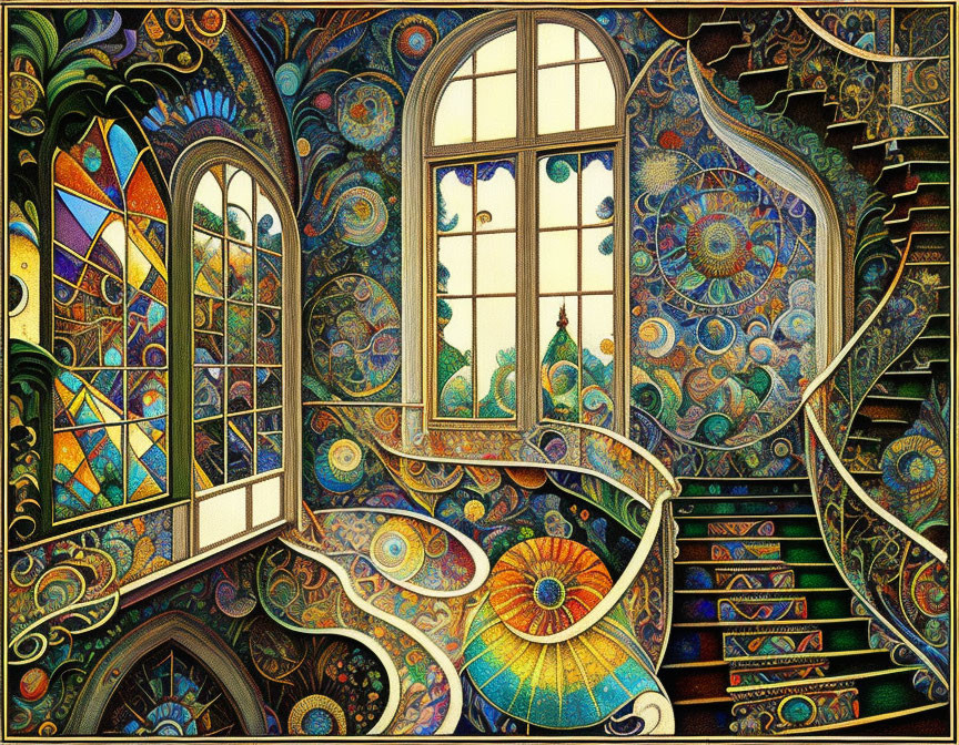 Colorful ornate staircase and stained glass window with intricate patterns