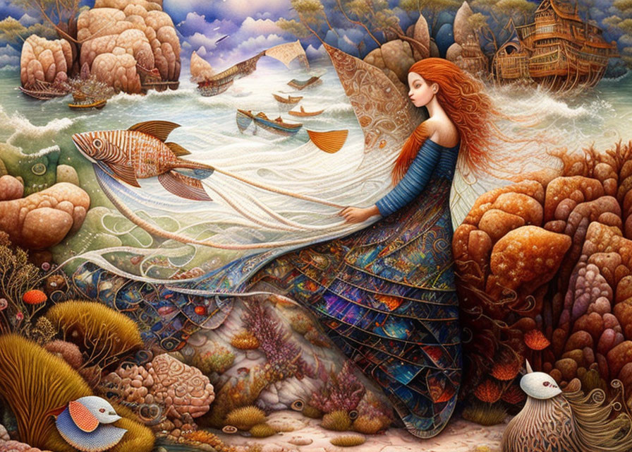 Fantastical artwork of woman in ocean-themed dress with marine life and ships