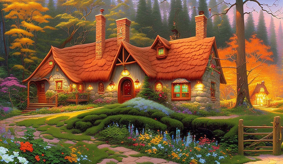 Enchanted cottage in autumn forest with stone bridge