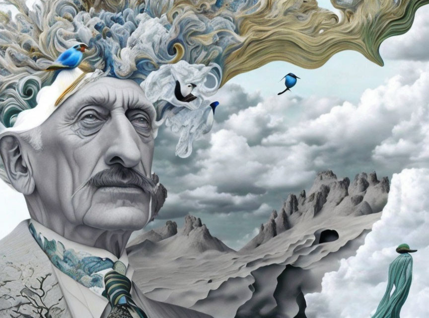 Elderly man in surreal artwork with landscape and birds emerging