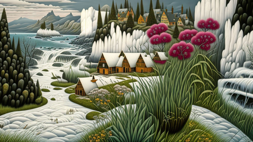 Stylized painting of quaint village with waterfalls, mountains, and pink flowers