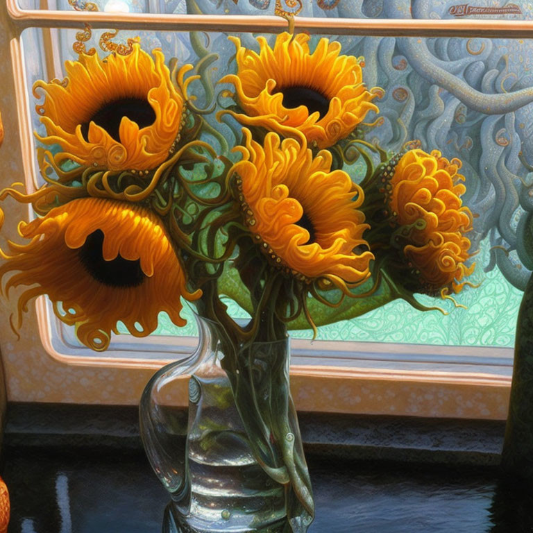 Surreal sunflower painting in glass vase with eye-like centers