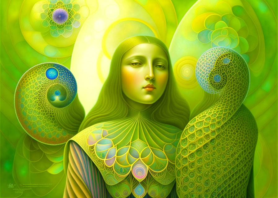 Luminescent woman portrait with intricate green fractal designs