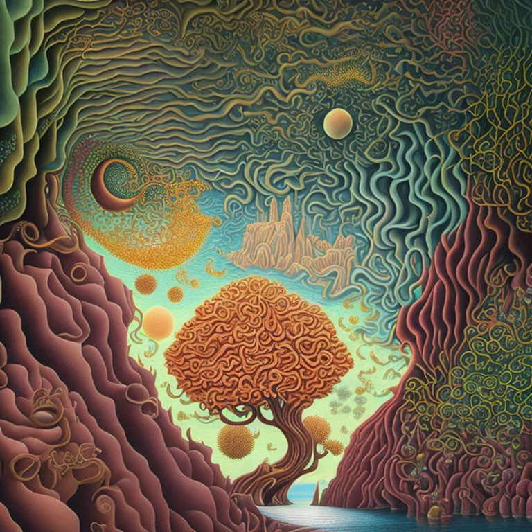 Colorful Psychedelic Landscape with Tree, Celestial Bodies, and Surreal Elements