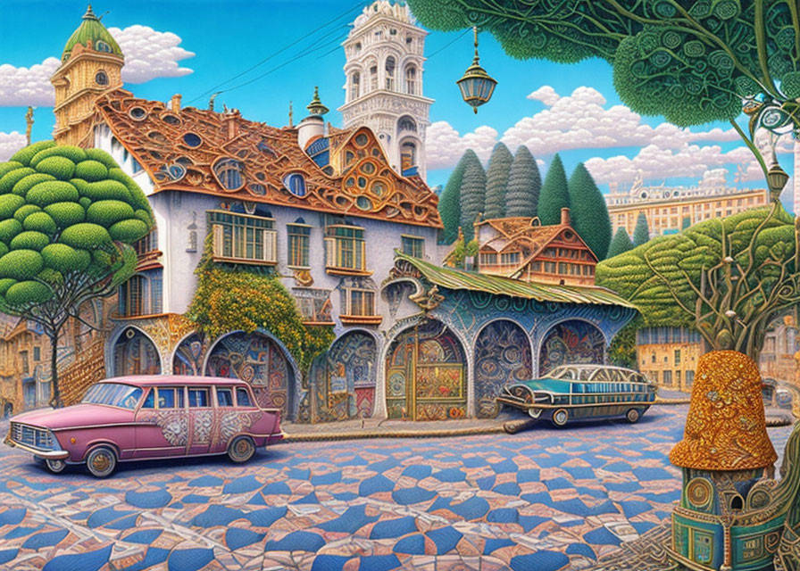 Detailed whimsical cityscape with vibrant buildings and unique architecture