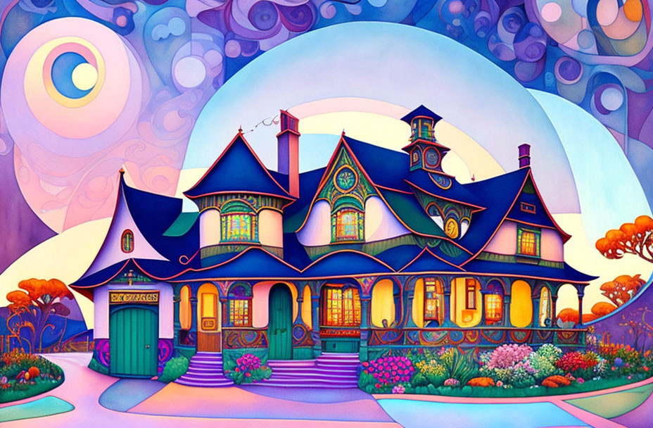 Colorful Victorian-style house illustration with exaggerated features and swirling sky.