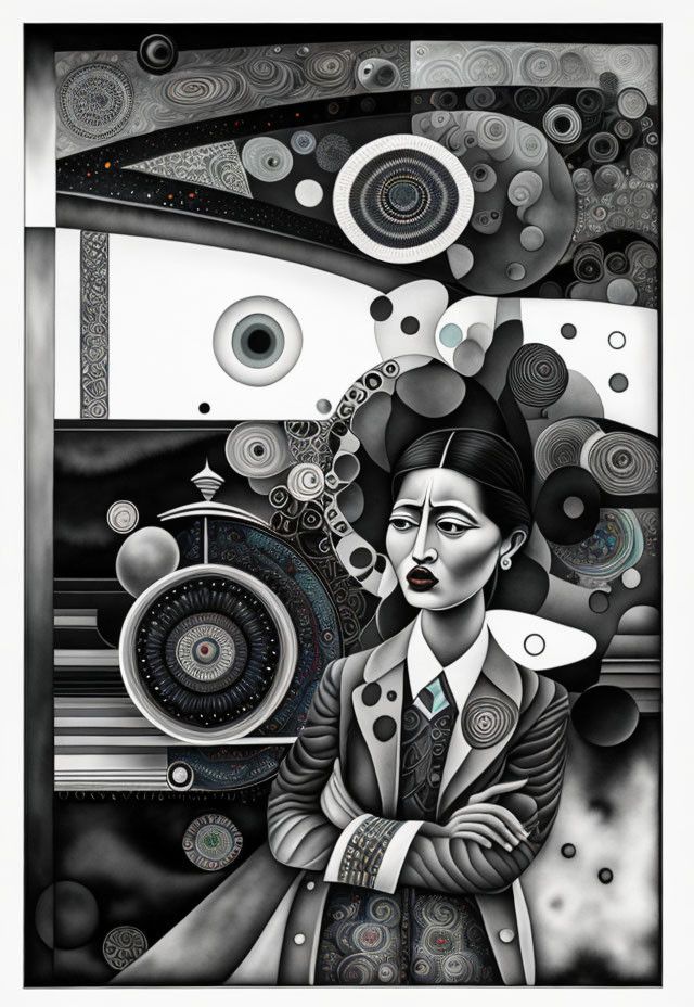 Surrealistic monochromatic artwork of stylized woman with geometric and cosmic patterns