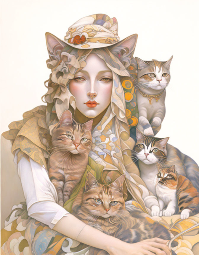 Woman with Pale Skin and Red Lips Surrounded by Cats in Stylish Feline and Floral Outfit