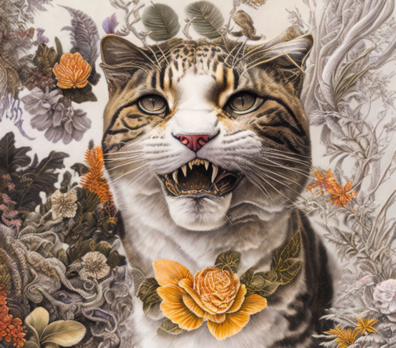 Detailed Tiger Illustration with Floral Patterns & Vibrant Flowers