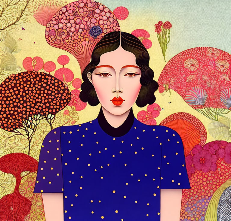 Stylized portrait of woman with bob haircut and red lips on floral background