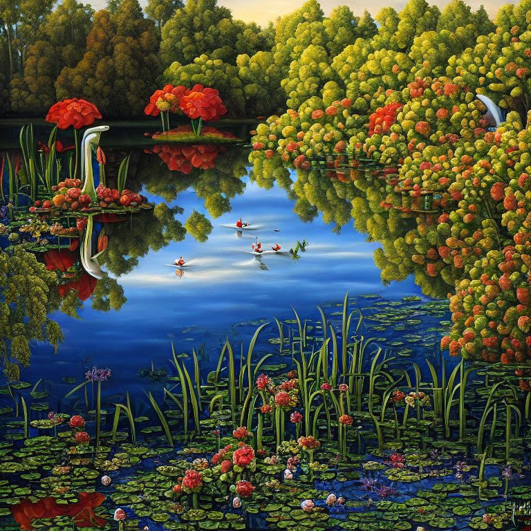 Scenic lakeside view with greenery, red flowers, lilies, and a swan