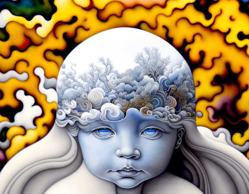 Surreal blue-faced child with landscape and vivid patterns