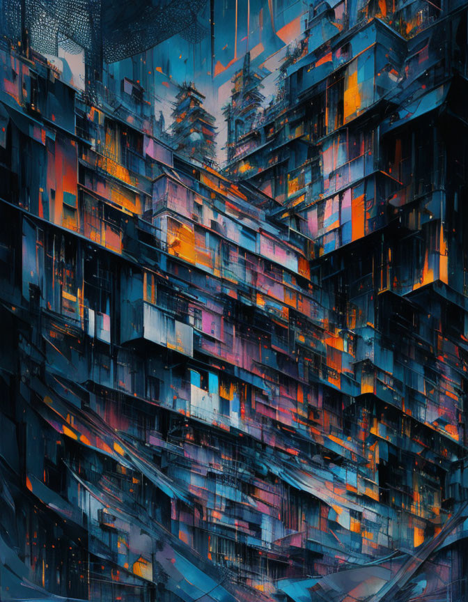 Futuristic cityscape with glowing windows & layered tones