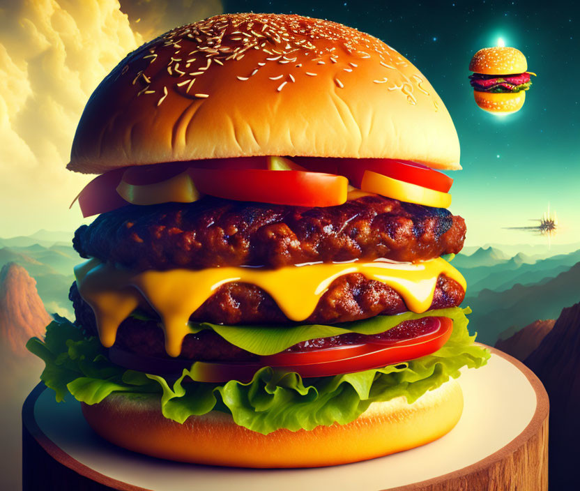 Giant cheeseburger with layers in surreal mountain landscape