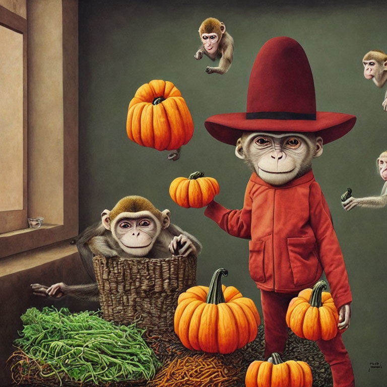 Monkeys in human clothes with pumpkins and greenery in a playful room