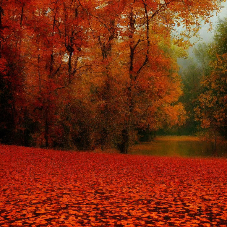 Vibrant autumn foliage covering trees in serene forest scene